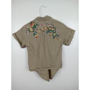 Madewell Khaki Short Sleeve Floral Embroidered Button Up Retro Tie Shirt XXS